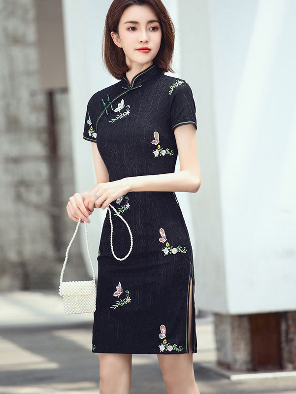 Black Floral Embroidered Qipao Cheongsam Dress