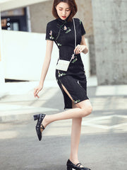 Black Floral Embroidered Qipao Cheongsam Dress