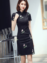 Black Floral Embroidered Qipao Cheongsam Dress