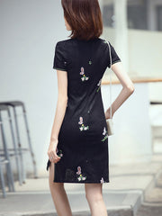 Black Floral Embroidered Qipao Cheongsam Dress