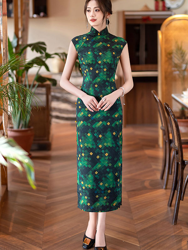 Green Grid Maxi Cheongsam Qipao Dress