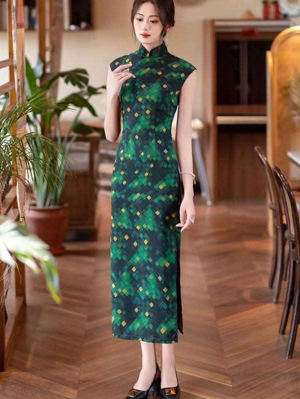 Green Grid Maxi Cheongsam Qipao Dress