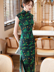 Green Grid Maxi Cheongsam Qipao Dress