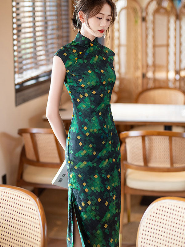 Green Grid Maxi Cheongsam Qipao Dress