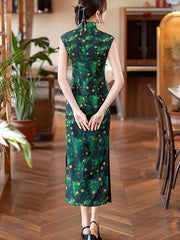 Green Grid Maxi Cheongsam Qipao Dress