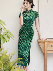 Green Brown Velvet Maxi Cheongsam Qipao Dress