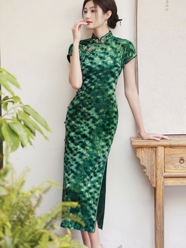 Green Brown Velvet Maxi Cheongsam Qipao Dress