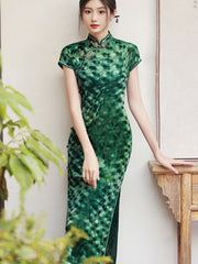 Green Brown Velvet Maxi Cheongsam Qipao Dress