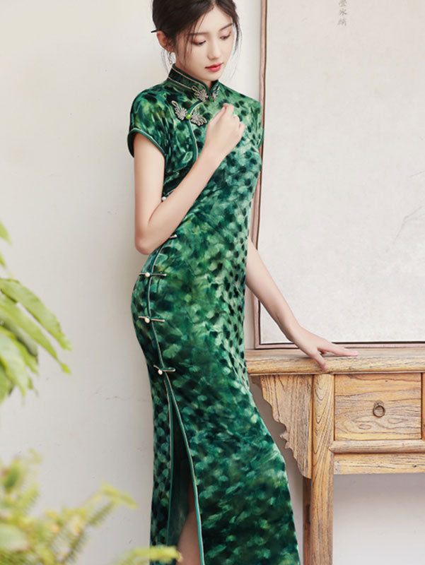Green Brown Velvet Maxi Cheongsam Qipao Dress