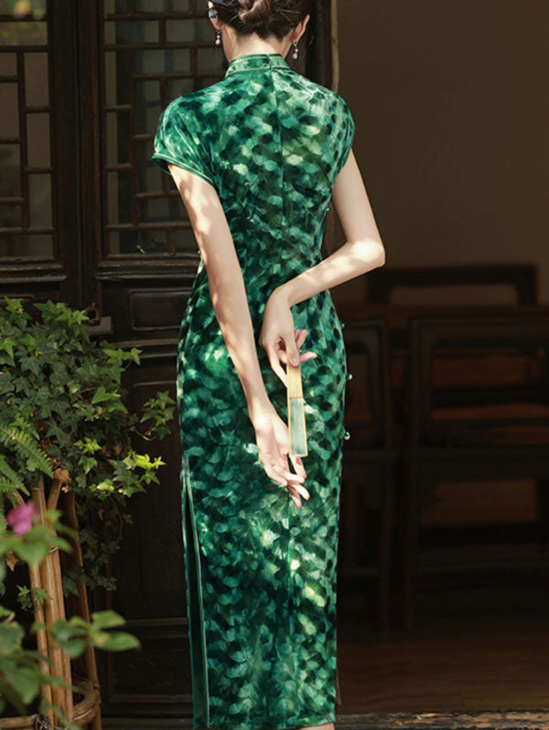 Green Brown Velvet Maxi Cheongsam Qipao Dress - IMALLURE XL / Green Green Brown Velvet Maxi Cheongsam Qipao Dress - IMALLURE XL / Green