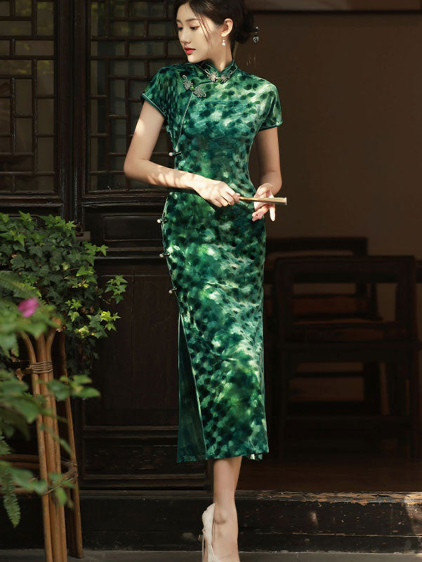 Green Brown Velvet Maxi Cheongsam Qipao Dress