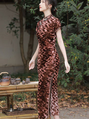 Green Brown Velvet Maxi Cheongsam Qipao Dress