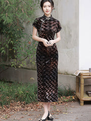 Green Brown Velvet Maxi Cheongsam Qipao Dress