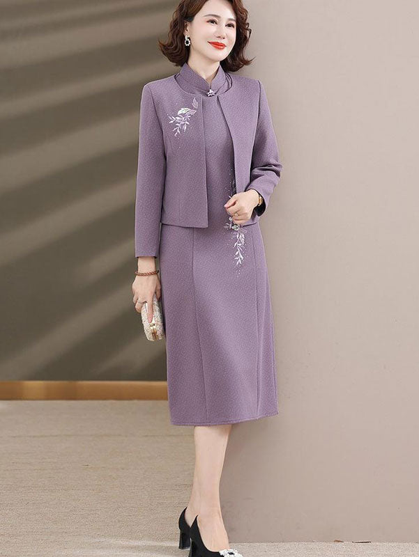 2 Pics Mothers Embroidered Winter Purple Cheongsam Dress & Jacket