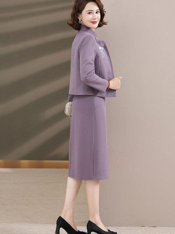 2 Pics Mothers Embroidered Winter Purple Cheongsam Dress & Jacket