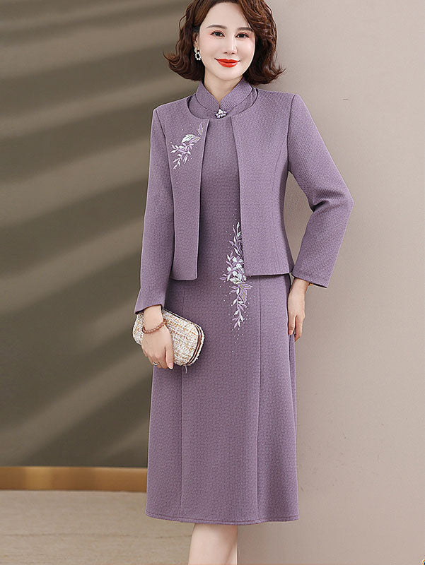 2 Pics Mothers Embroidered Winter Purple Cheongsam Dress & Jacket