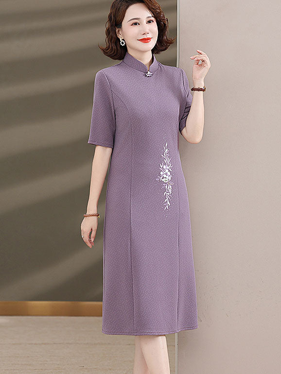 2 Pics Mothers Embroidered Winter Purple Cheongsam Dress & Jacket