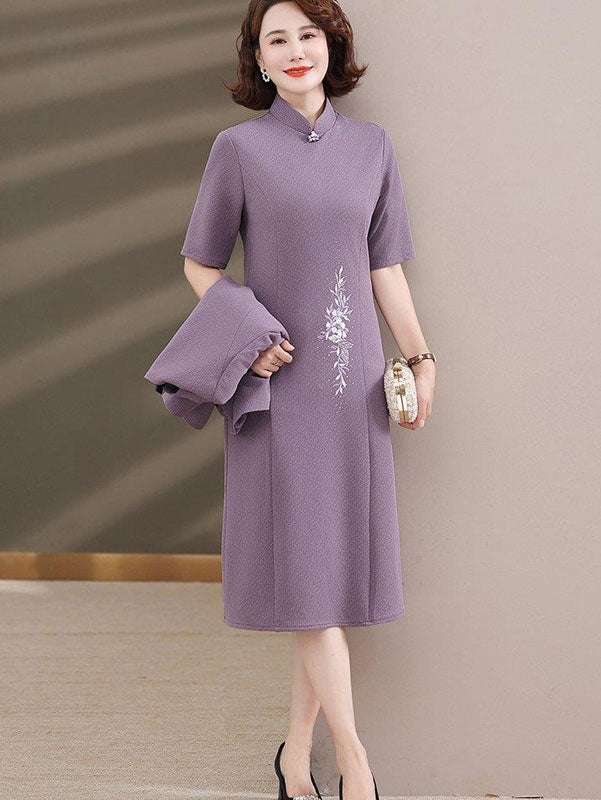 2 Pics Mothers Embroidered Winter Purple Cheongsam Dress & Jacket