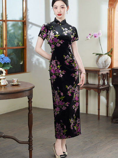 Floral Print Velvet Mothers Winter Cheongsam Qipao Dress