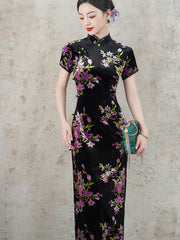 Floral Print Velvet Mothers Winter Cheongsam Qipao Dress