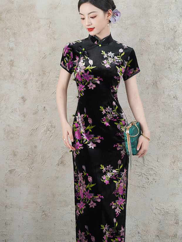 Floral Print Velvet Mothers Winter Cheongsam Qipao Dress