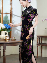 Floral Print Velvet Mothers Winter Cheongsam Qipao Dress
