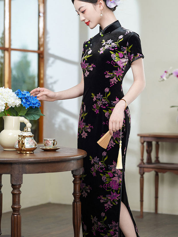 Floral Print Velvet Mothers Winter Cheongsam Qipao Dress