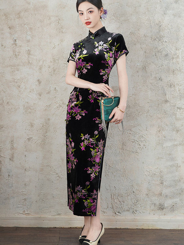 Floral Print Velvet Mothers Winter Cheongsam Qipao Dress