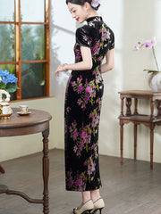 Floral Print Velvet Mothers Winter Cheongsam Qipao Dress