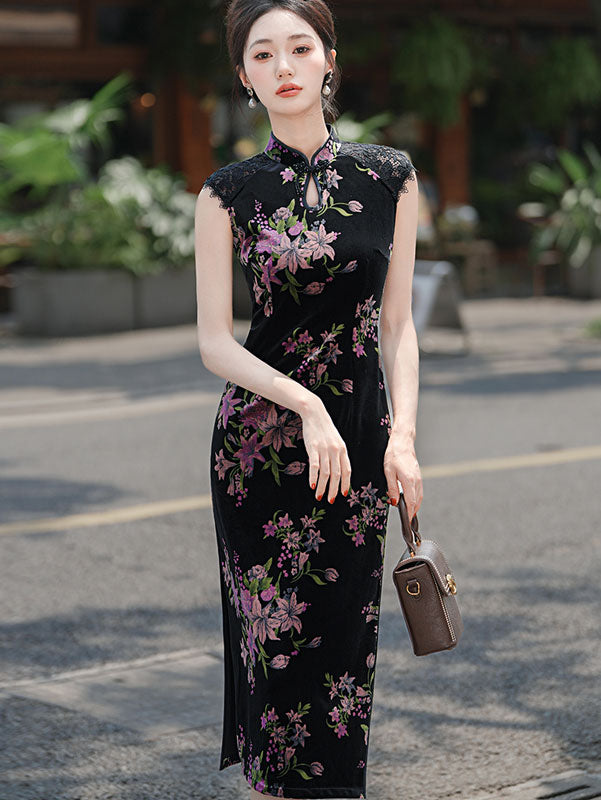 Black Floral Velvet Sleeveless Cheongsam Qipao Dress