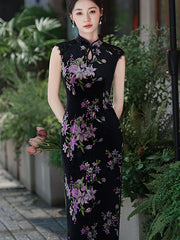 Black Floral Velvet Sleeveless Cheongsam Qipao Dress