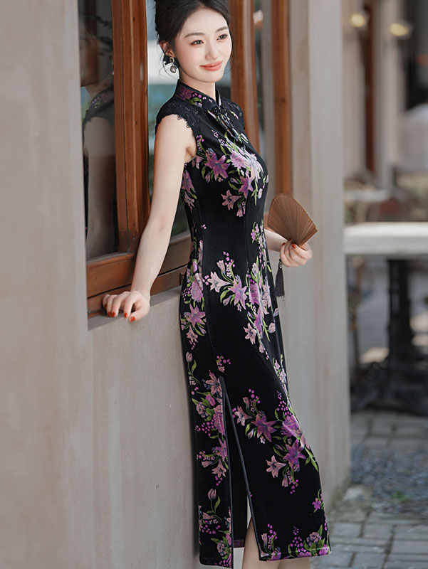 Black Floral Velvet Sleeveless Cheongsam Qipao Dress