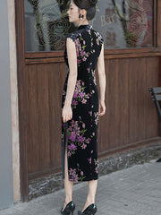 Black Floral Velvet Sleeveless Cheongsam Qipao Dress