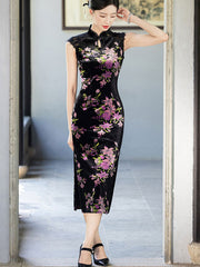 Black Floral Velvet Sleeveless Cheongsam Qipao Dress