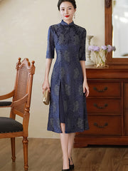 Blue Jacquard Mothers Aodai A-Line Cheongsam Dress