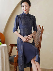 Blue Jacquard Mothers Aodai A-Line Cheongsam Dress