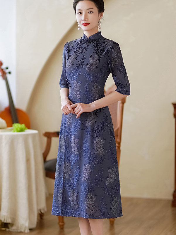 Blue Jacquard Mothers Aodai A-Line Cheongsam Dress