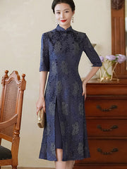 Blue Jacquard Mothers Aodai A-Line Cheongsam Dress