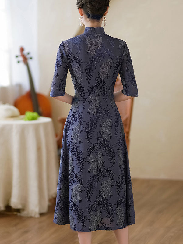 Blue Jacquard Mothers Aodai A-Line Cheongsam Dress