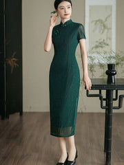 Beads Dark Green Cheongsam Qipao Dress