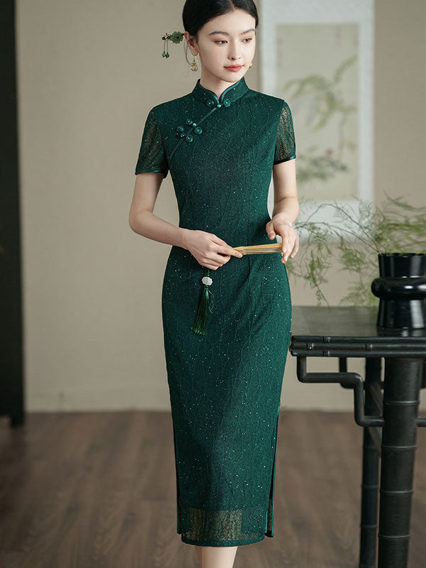 Beads Dark Green Cheongsam Qipao Dress