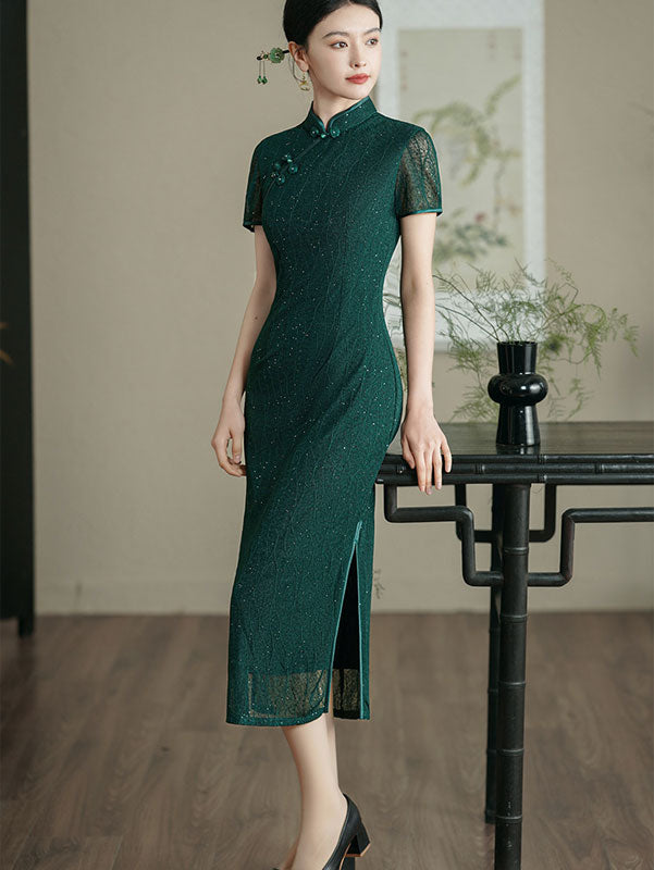 Beads Dark Green Cheongsam Qipao Dress