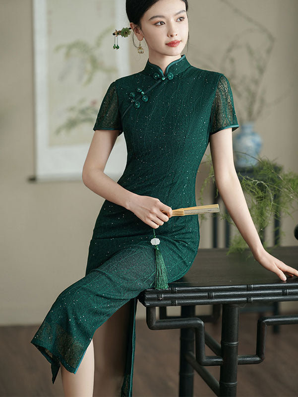 Beads Dark Green Cheongsam Qipao Dress