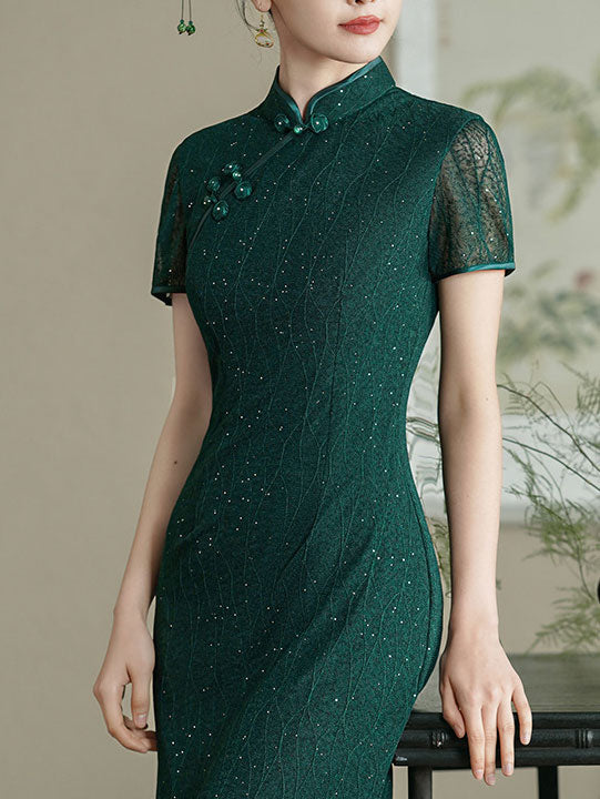 Beads Dark Green Cheongsam Qipao Dress