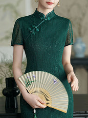 Beads Dark Green Cheongsam Qipao Dress