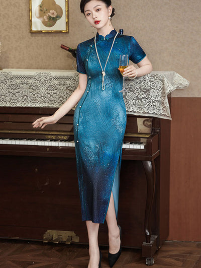 Shimmery Waves Blue Cheongsam Qipao Dress