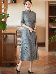 Blue Jacquard Half Sleeve A-Line Cheongsam Qipao Dress