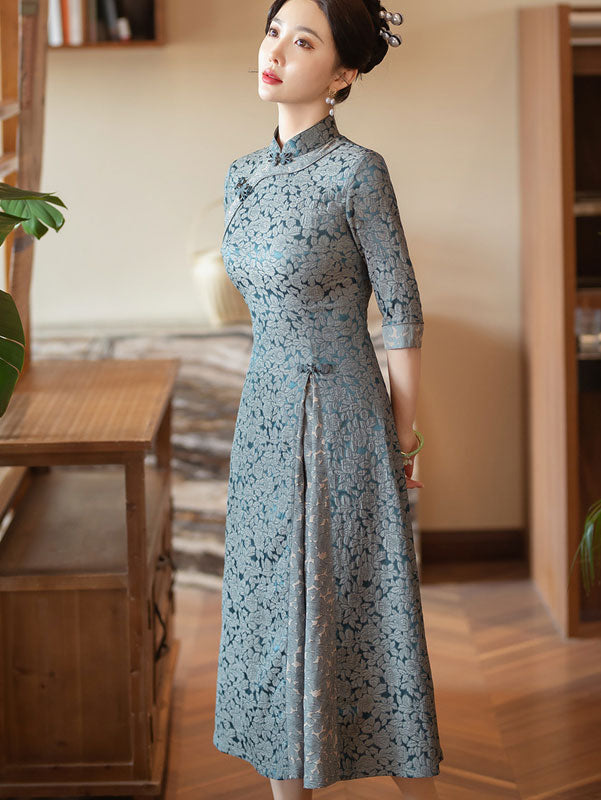 Blue Jacquard Half Sleeve A-Line Cheongsam Qipao Dress