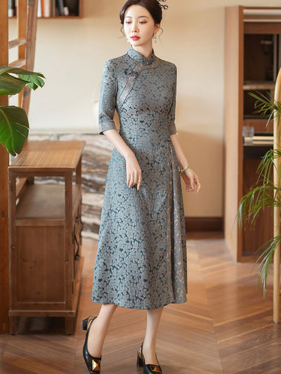 Blue Jacquard Half Sleeve A-Line Cheongsam Qipao Dress