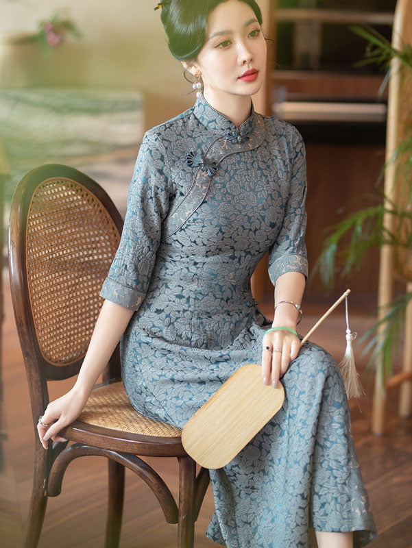 Blue Jacquard Half Sleeve A-Line Cheongsam Qipao Dress